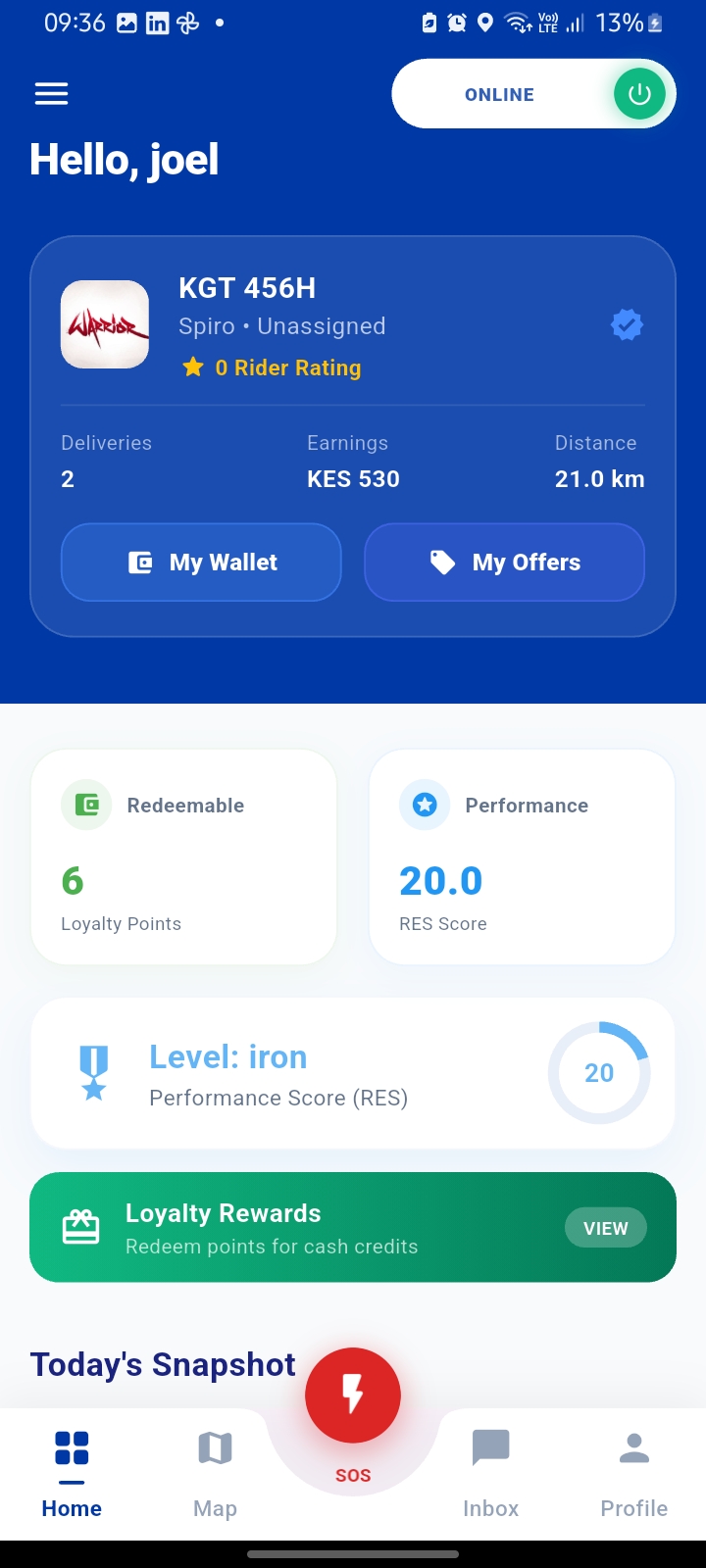 Rider app home screen