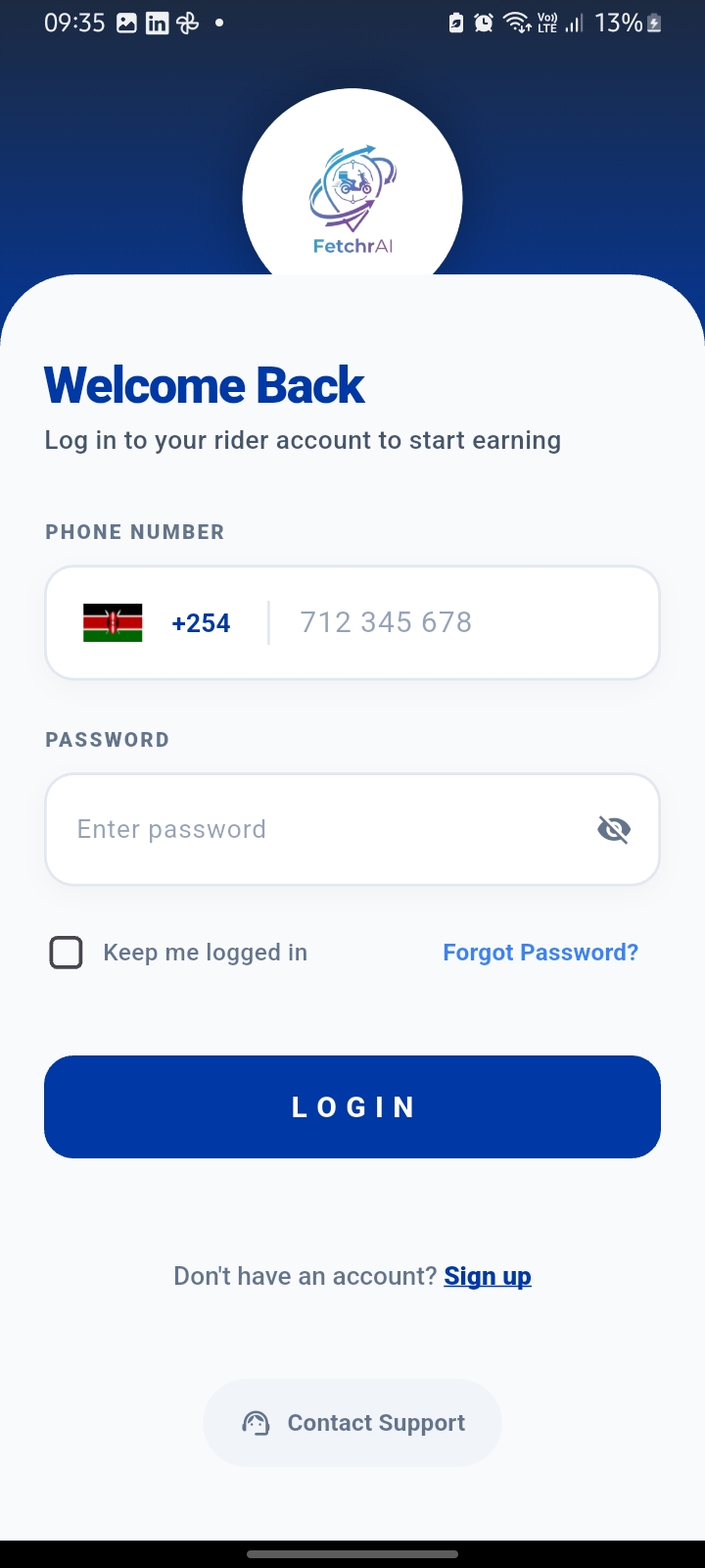 Rider app login screen