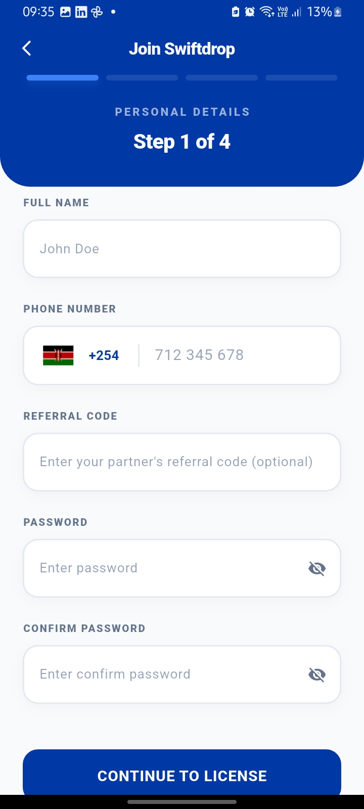 Rider app registration screen