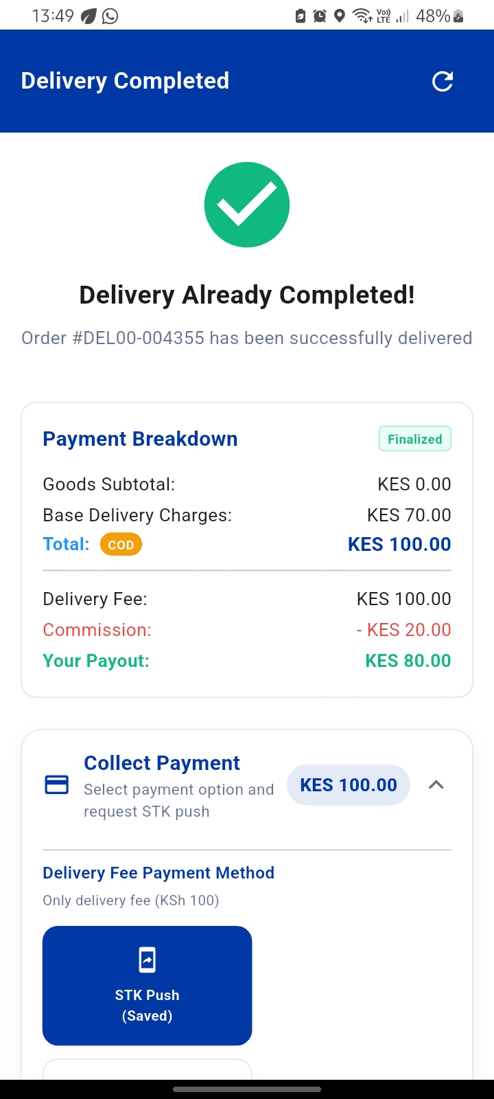 Rider app cash on delivery completion screen