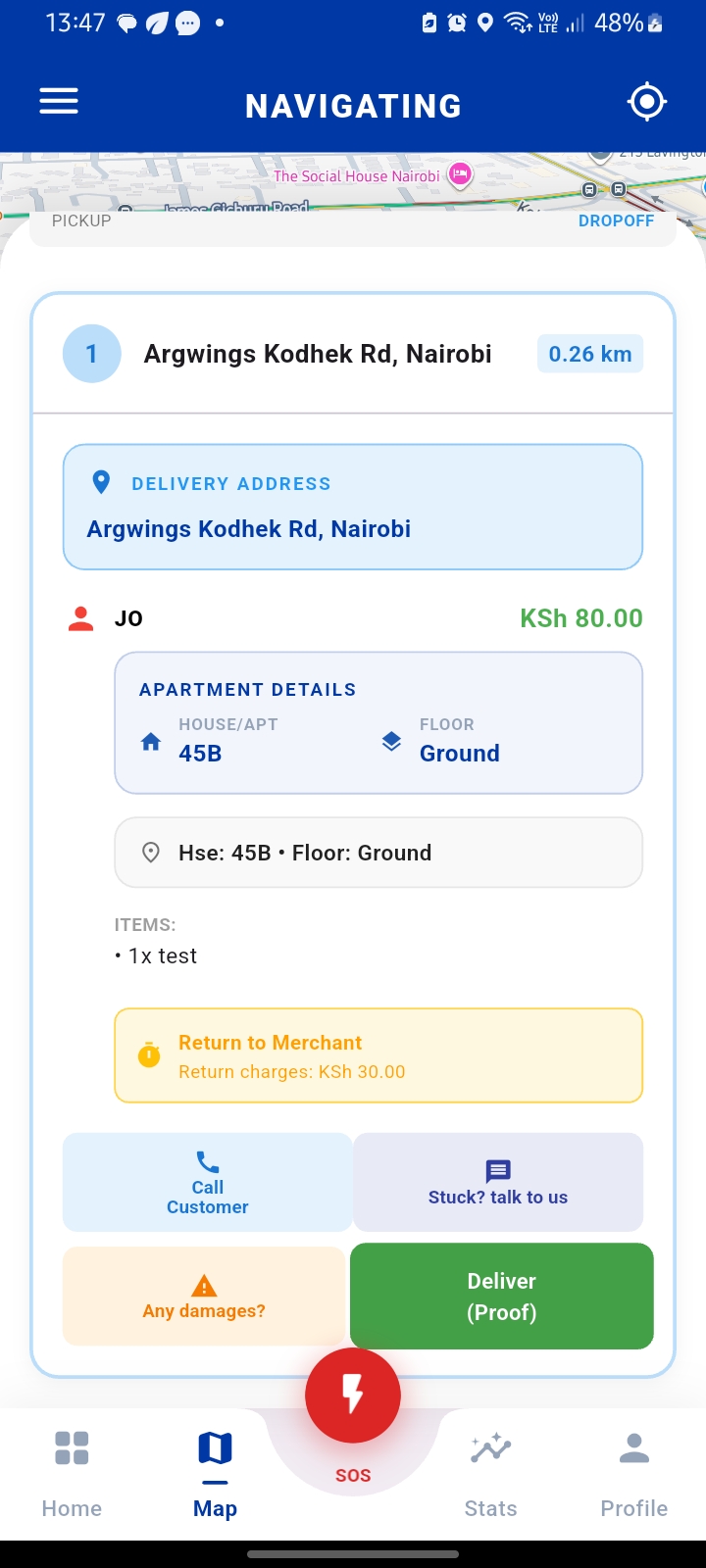 Rider app delivery screen