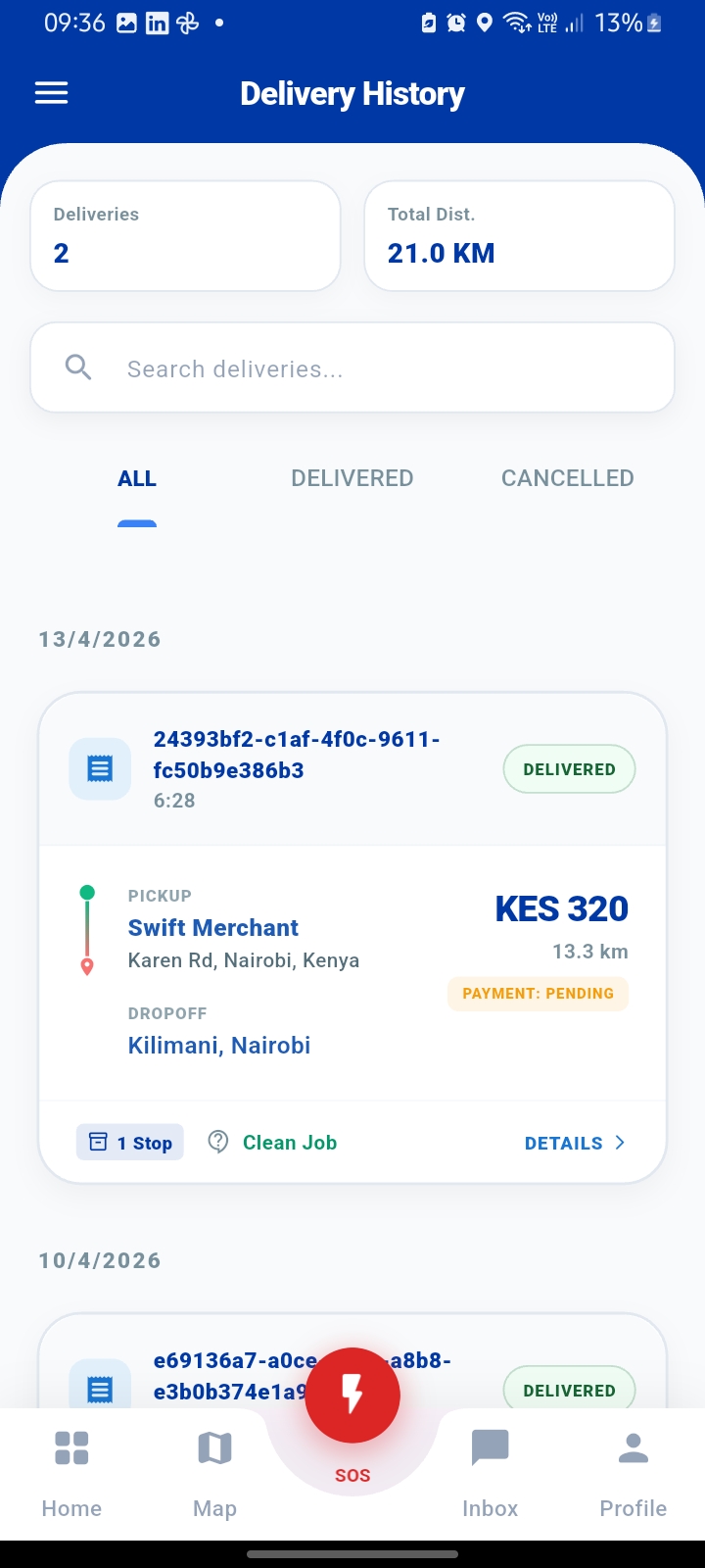 Rider app delivery history screen
